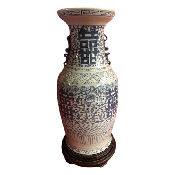 Grand vase Balustre En Porcelaine Blanc Et Bleu  Chine XX Eme