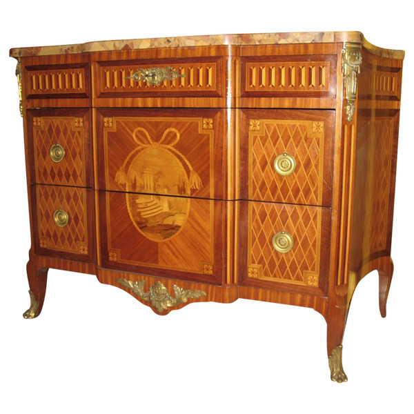 Transition style marquetry chest of drawers with curved sides stamped Giblin 19th century