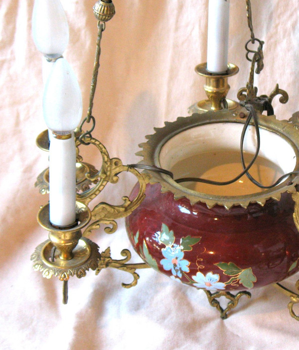 Hanging chandelier in earthenware and gilt bronze with 6 lights 19th century