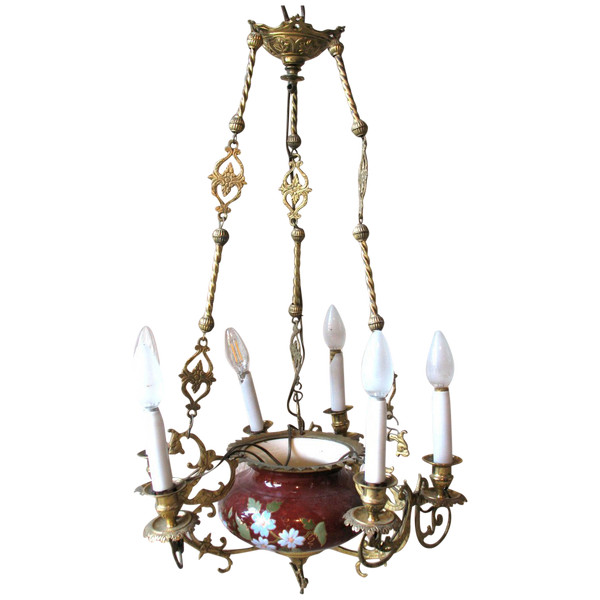 Hanging chandelier in earthenware and gilt bronze with 6 lights 19th century