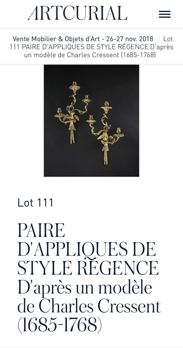 C.Cressent (1685-1768) o Maison BAGUES. Lampada da parete con pappagallo in bronzo dorato