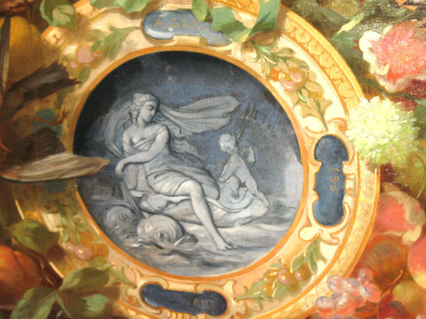 Large oil on canvas from the 18th century with central medallion in grisaille and frame with flowers and fruits