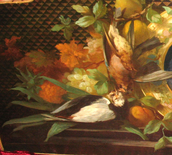Large oil on canvas from the 18th century with central medallion in grisaille and frame with flowers and fruits