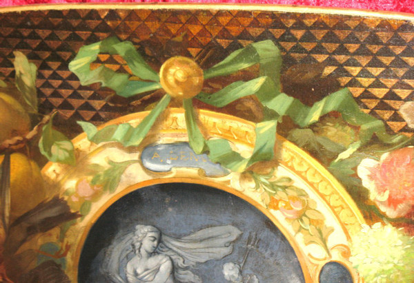 Large oil on canvas from the 18th century with central medallion in grisaille and frame with flowers and fruits