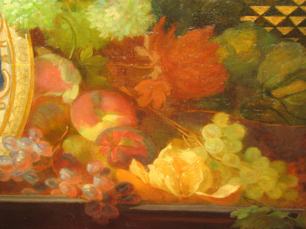 Large oil on canvas from the 18th century with central medallion in grisaille and frame with flowers and fruits