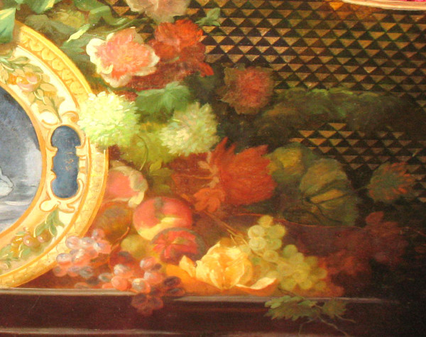 Large oil on canvas from the 18th century with central medallion in grisaille and frame with flowers and fruits