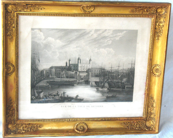19th century Empire style gilt frame with engraving View of the Tower of London