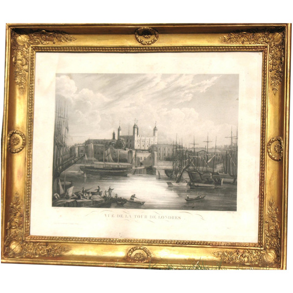 19th century Empire style gilt frame with engraving View of the Tower of London