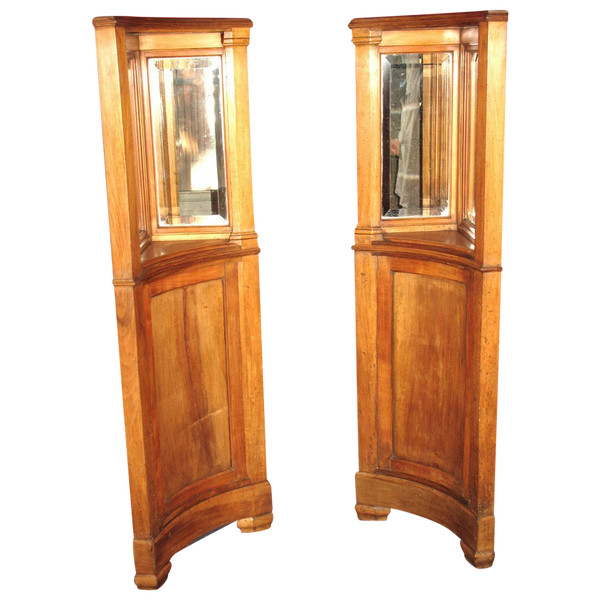 Pair of Art Nouveau period corner cabinets in fruitwood