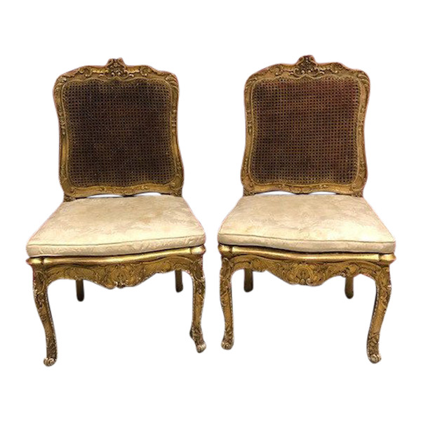 Paire De Chaises Fauteuils Louis XV En Bois Doré Du XIX ème