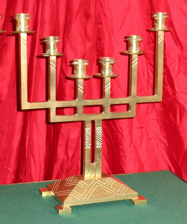 Pair of candlesticks Menora shape in bronze Art Deco period with 6 branches