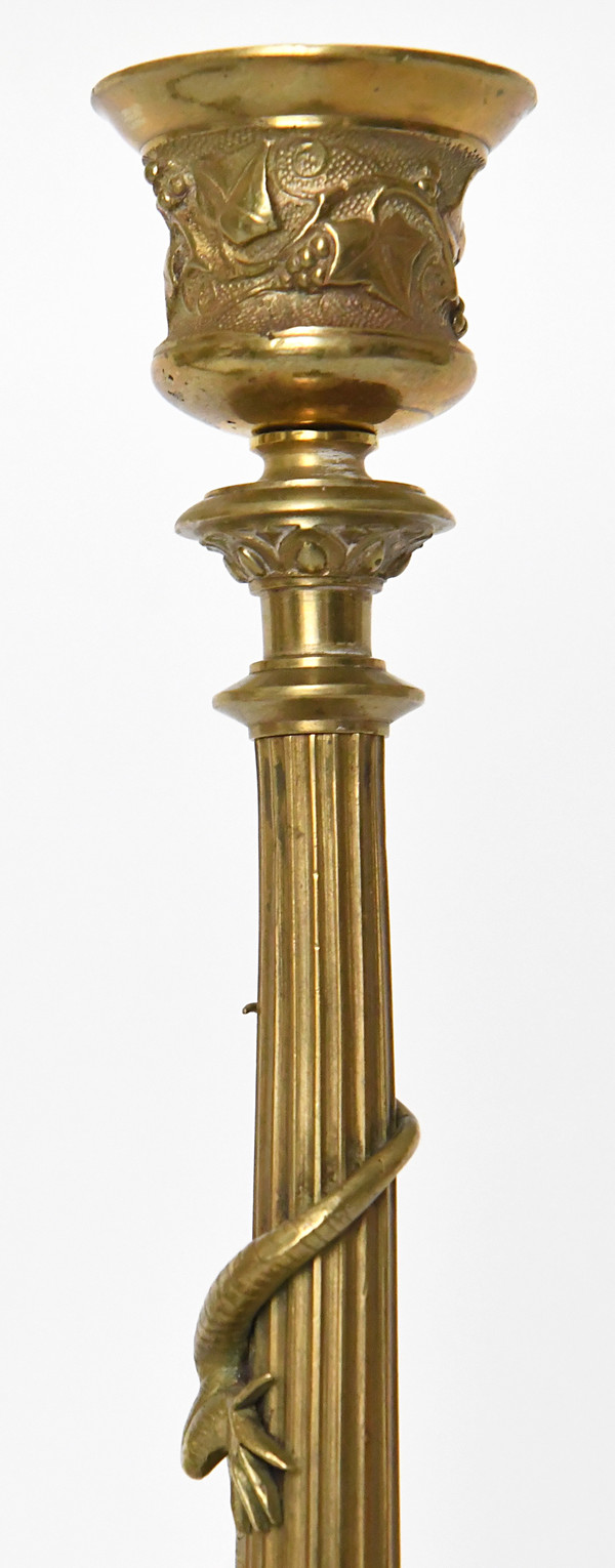 Pair of gilt bronze candlesticks decorated with lizards