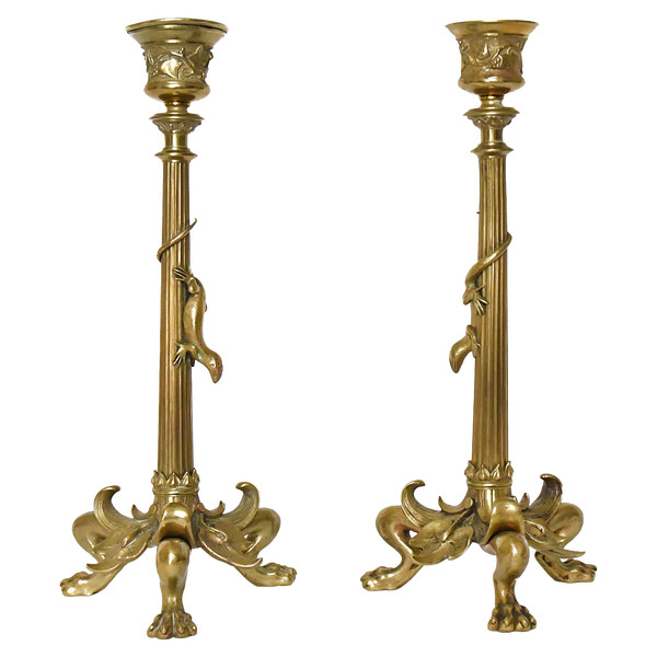 Pair of gilt bronze candlesticks decorated with lizards