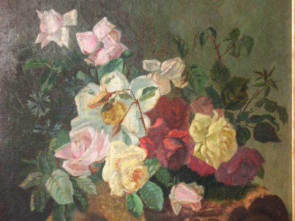 Large oil on canvas with flowers and fruits 19th century