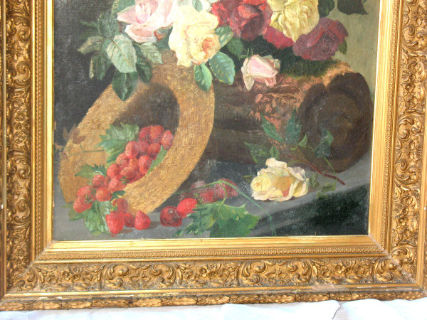 Large oil on canvas with flowers and fruits 19th century
