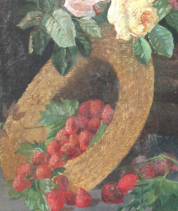 Large oil on canvas with flowers and fruits 19th century