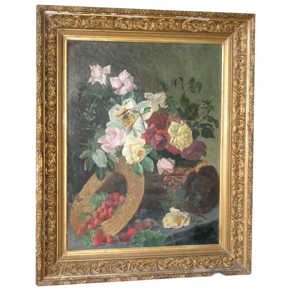 Grande huile sur toile avec bouquet de fleurs et fruits époque 19ème