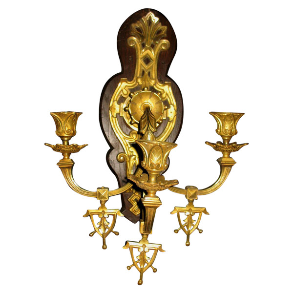 Grande applique in bronzo in stile gotico del XIX secolo con 3 bracci di luce