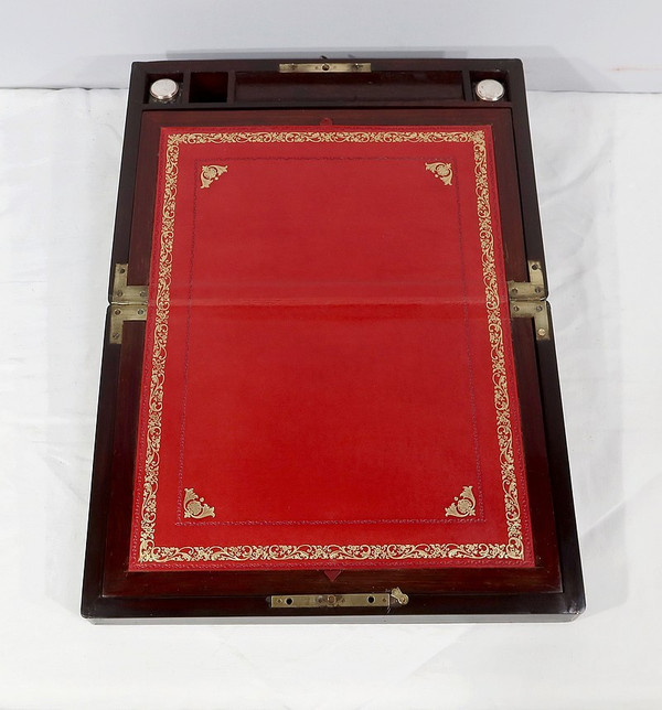 Tavolino da viaggio in legno pregiato e intarsi in osso e ottone, periodo Napoleone III - metà del XIX secolo