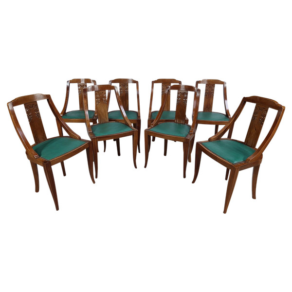 Suite of 8 Solid Walnut Gondola Chairs, Art Deco - 1930