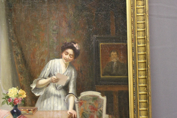 Öl Auf Leinwand Frau Mit Brief Von Alfred Martin Datiert 1904