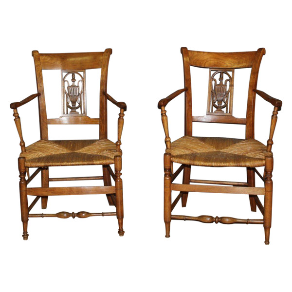 Pairs of Directoire straw-covered armchairs, early 19th century