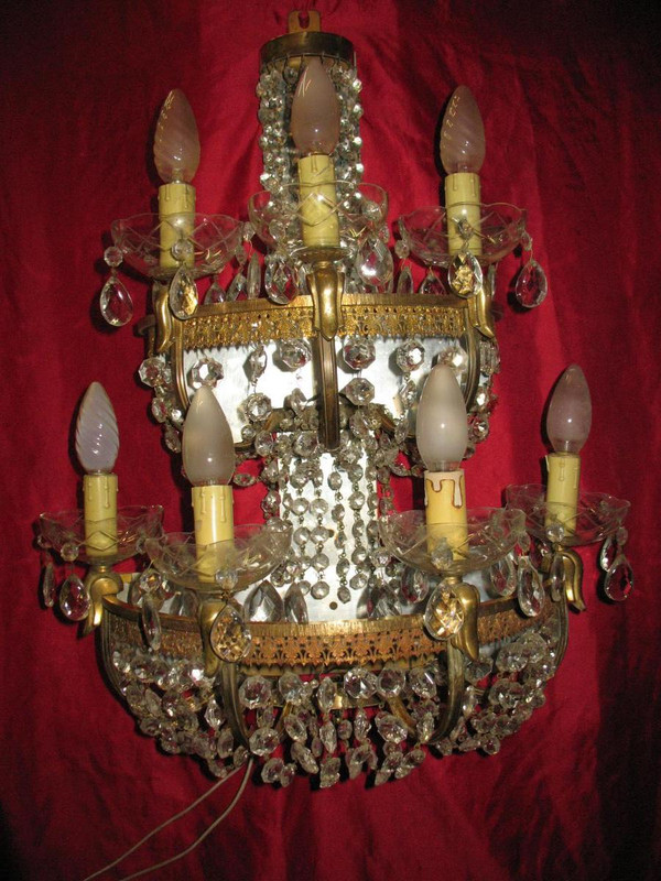 Grande applique en laiton et pampilles à 7 lumières Origine italienne années 40-50