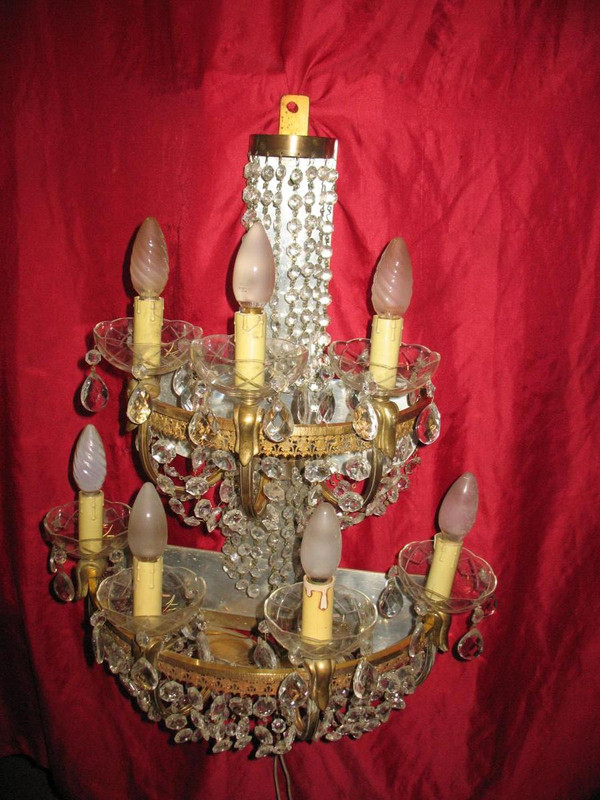Grande applique en laiton et pampilles à 7 lumières Origine italienne années 40-50