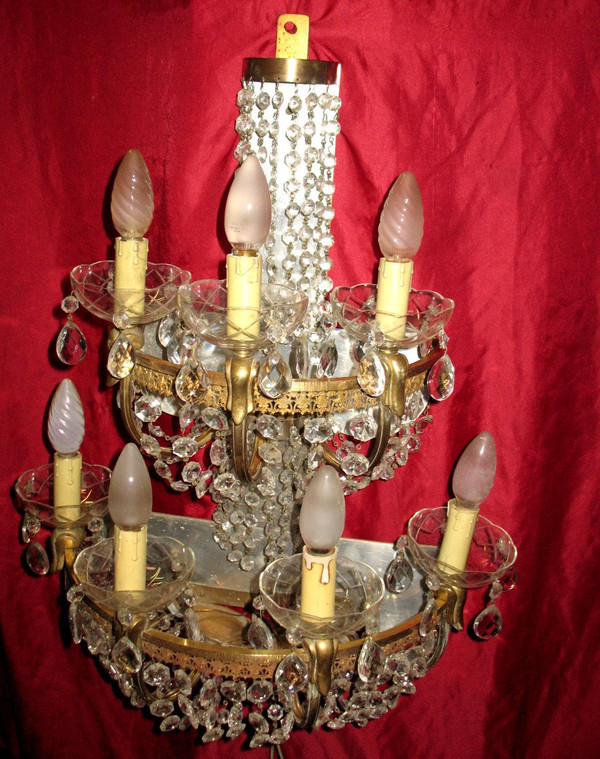 Grande applique en laiton et pampilles à 7 lumières Origine italienne années 40-50