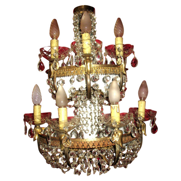Grande applique en laiton et pampilles à 7 lumières Origine italienne années 40-50