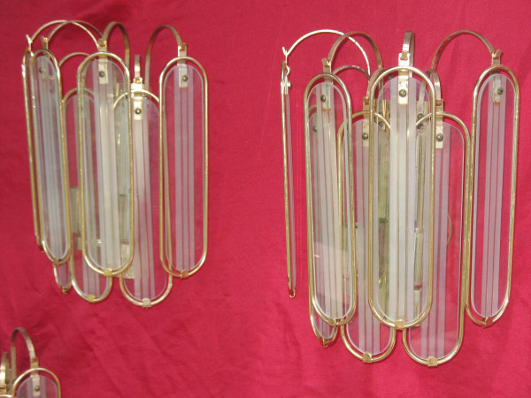 Glass and gilded metal chandelier with 6 sconces from the 60s and 70s