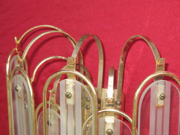 Glass and gilded metal chandelier with 6 sconces from the 60s and 70s