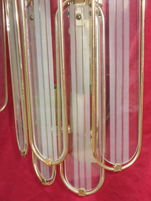 Glass and gilded metal chandelier with 6 sconces from the 60s and 70s