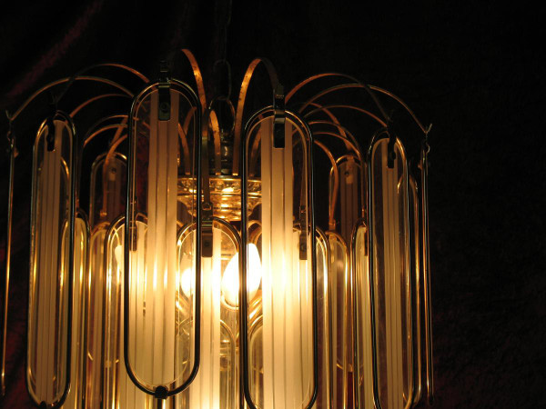 Glass and gilded metal chandelier with 6 sconces from the 60s and 70s