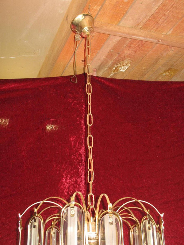 Glass and gilded metal chandelier with 6 sconces from the 60s and 70s