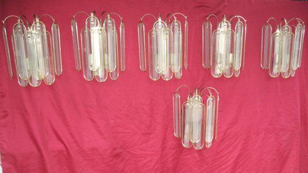 Glass and gilded metal chandelier with 6 sconces from the 60s and 70s