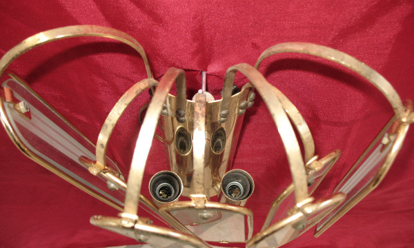 Glass and gilded metal chandelier with 6 sconces from the 60s and 70s