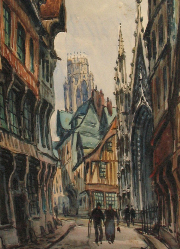 Pierre Le Trividic watercolor animated street of Rouen School of Rouen