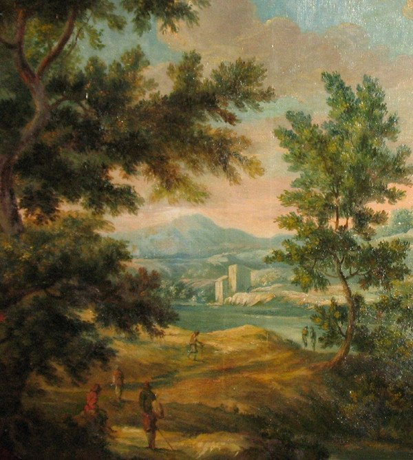 Animated Italian landscape oil on canvas oval 19th century