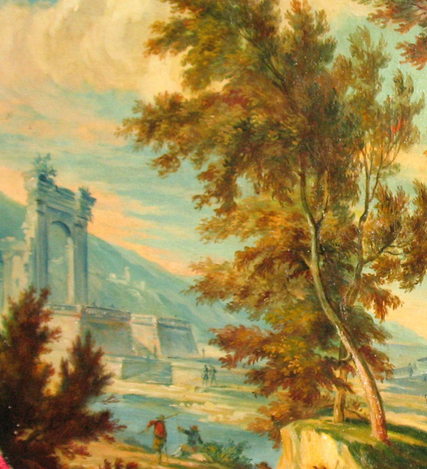 Belebte italienische Landschaft Öl auf Leinwand oval 19.
