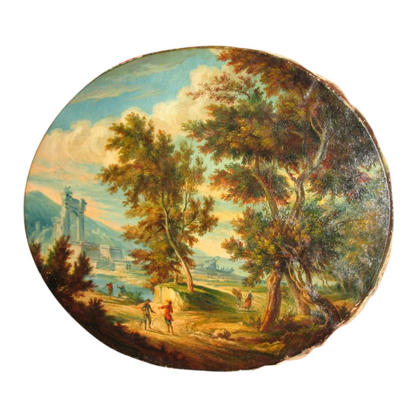 Animated Italian landscape oil on canvas oval 19th century