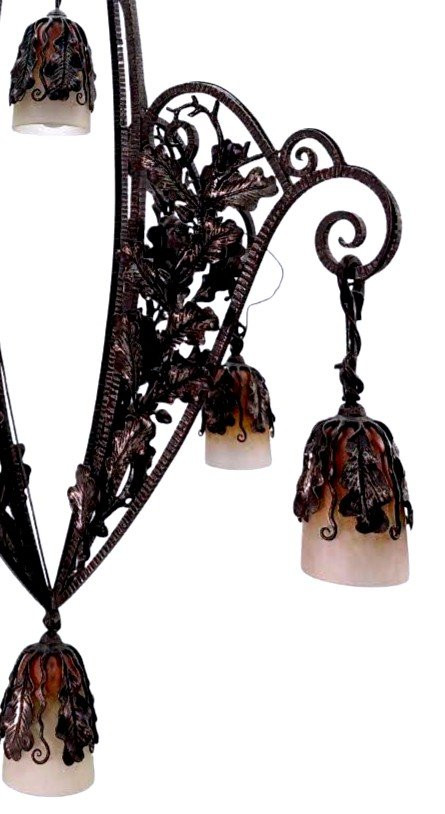 Lustre En Fer Forgé Années 1930 Art Déco Aux Tulipes Colorées Fer Forgé De Très Grande Qualité,