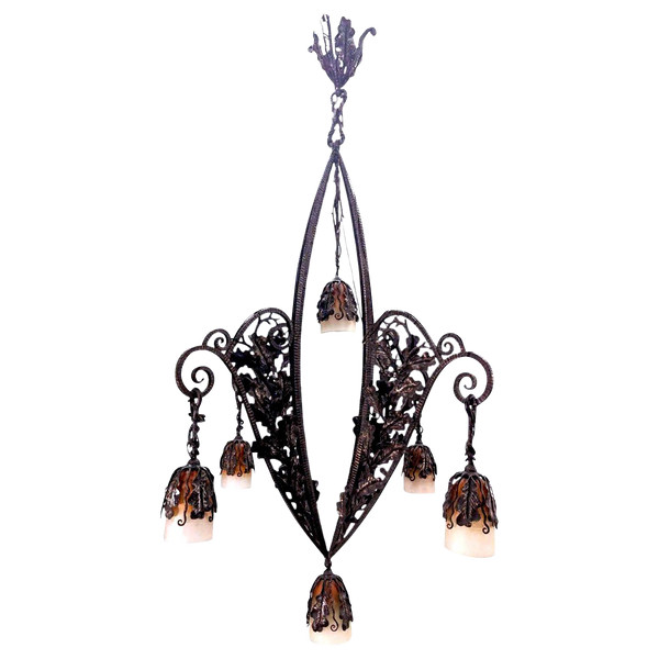 1930s Art Deco Wrought Iron Chandelier With Colorful Tulips Very High Quality Wrought Iron,