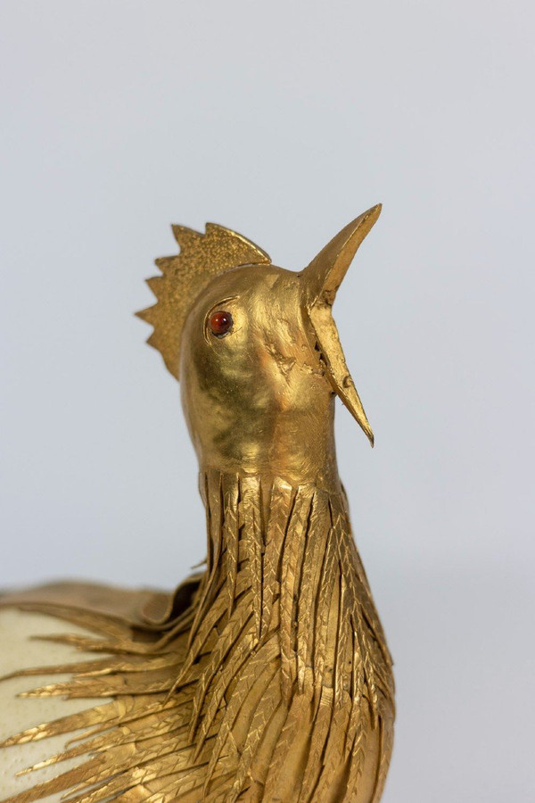 Gallo in uovo di struzzo e ottone dorato, anni '70, Ls5591125d