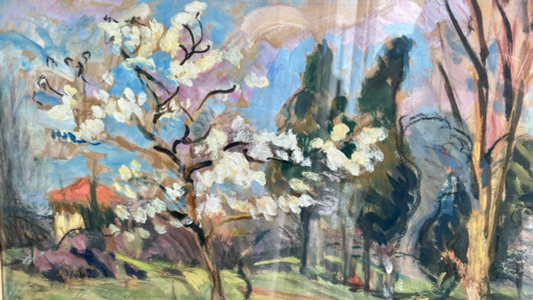 Spring Landscape. Gouache On Craft Paper Signed And Dated 1935