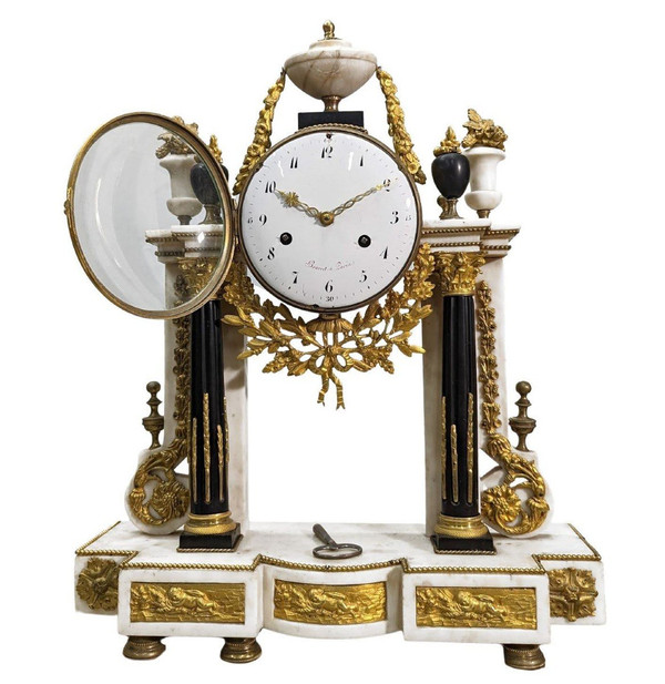 Louis XVI Portico Pendulum In Gilt Bronze And White Marble