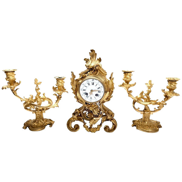 Pendule Garniture Rocaille En Bronze Doré Style Louis XV d'époque Fin XIXème