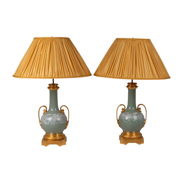 Pair Of Celadon And Bronze Porcelain Lamps, Circa 1880, LS53501172
