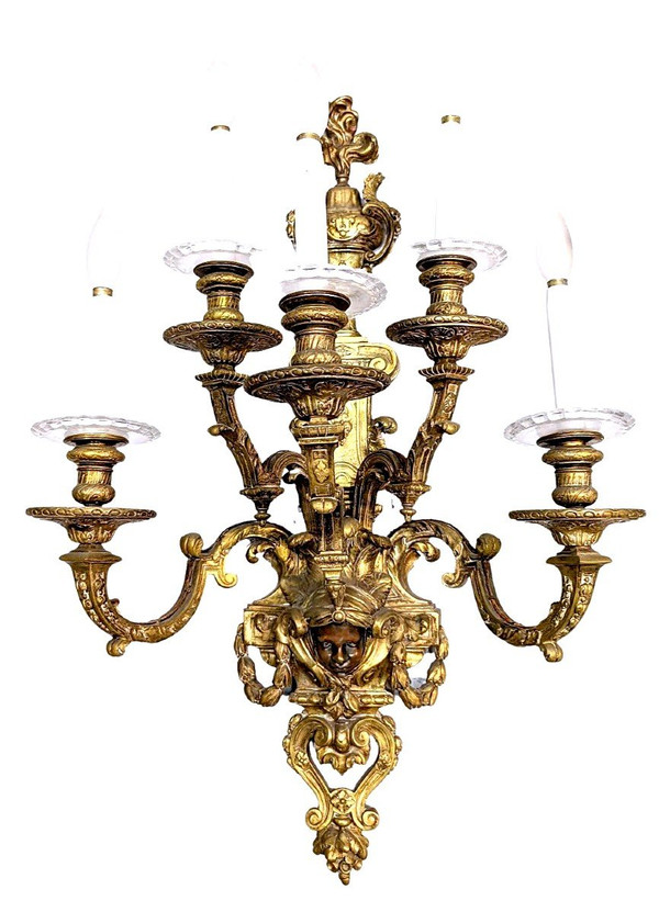 Spectaculaire Paire d'Appliques Bronze Doré Têtes De Nubiens Style Louis XIV  Nap III