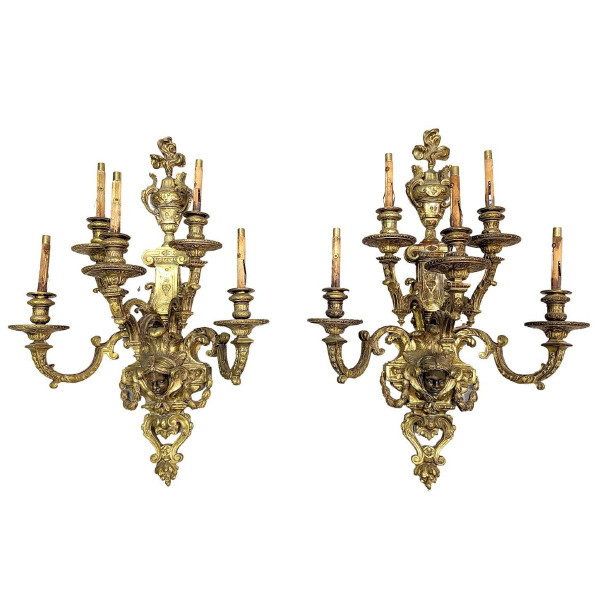 Spectaculaire Paire d'Appliques Bronze Doré Têtes De Nubiens Style Louis XIV  Nap III